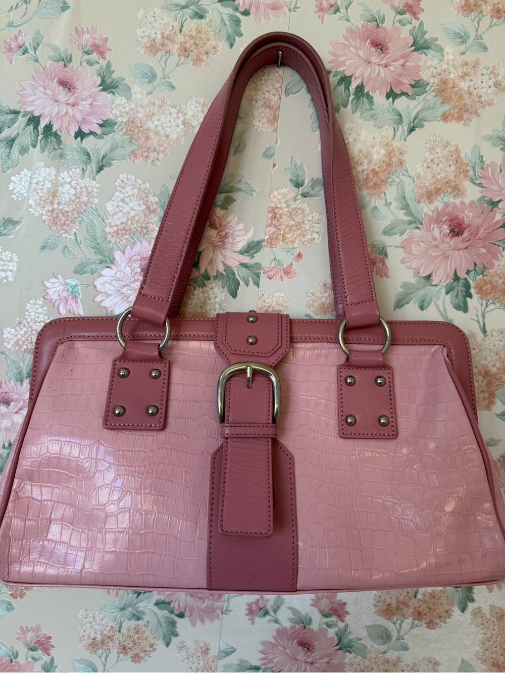 Structured Pink Croc-Embossed Shoulder Bag with Buckle Detail